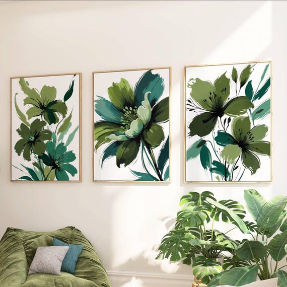 アート　PRETTY GREEN Prints 「Pocket Full」 Teal and Olive Green Floral Wall Art Prints - Set of 3 - Etsy UK