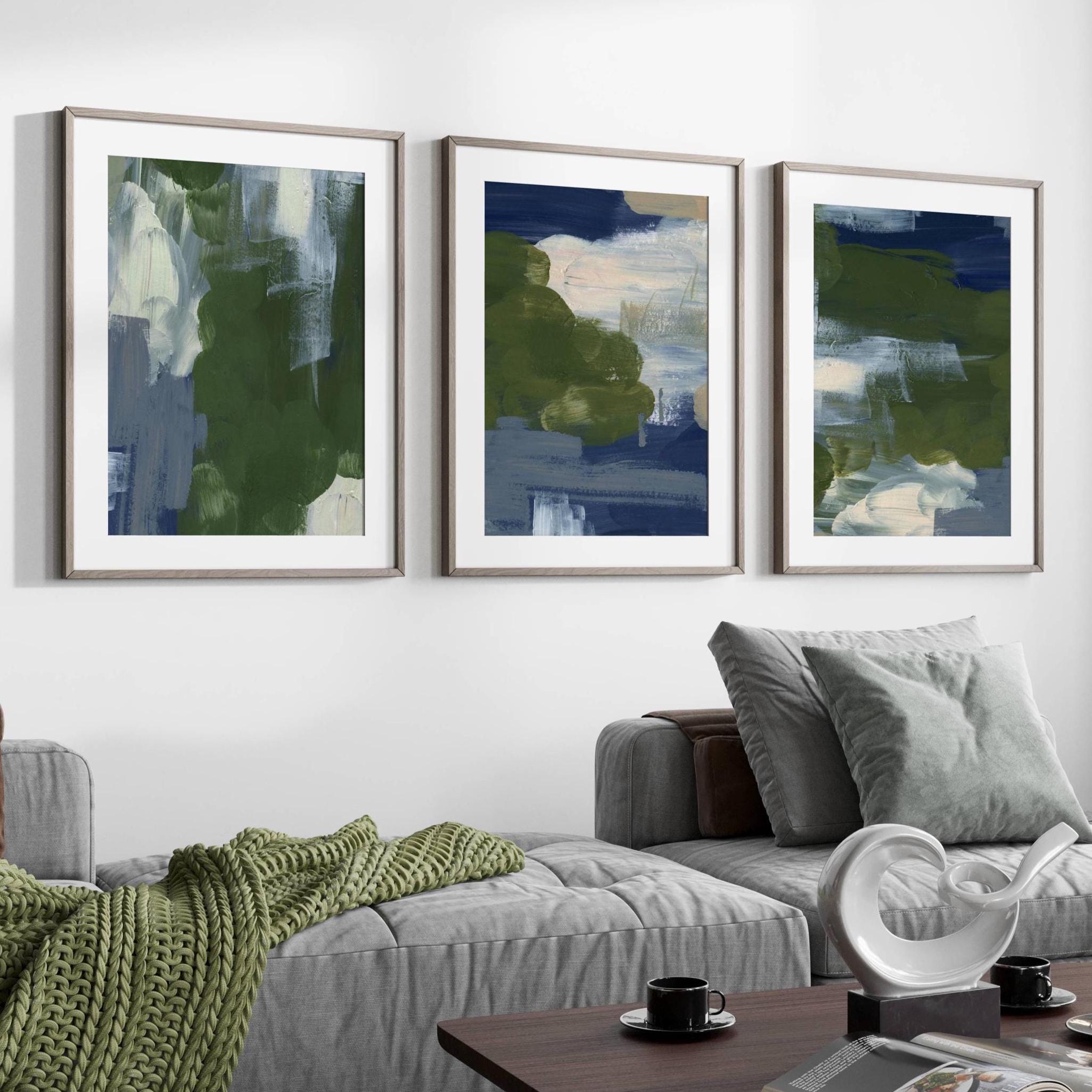 Blue and Olive Green Abstract Wall Art Prints: Modern Home Decor
