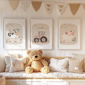 Stampe vintage neutre per cameretta dei bambini, nome personalizzato, nome personalizzato, cameretta dei bambini neutra, set da 3, decorazioni con animali da fattoria, regalo per neonato