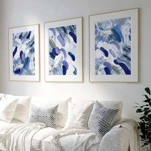 Blue abstract wall art, living room prints, above bed art, blue home decor, set of 3, modern art, gallery wall set, office, hallway prints