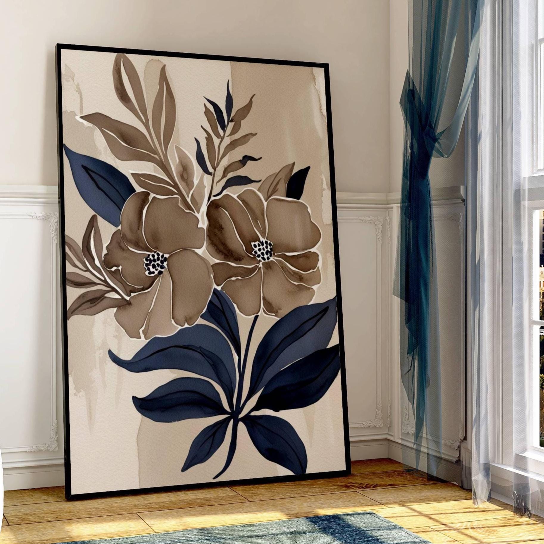 Abstract Plant Art Prints: Navy Blue & Taupe Brown, Set of 3 - Etsy UK