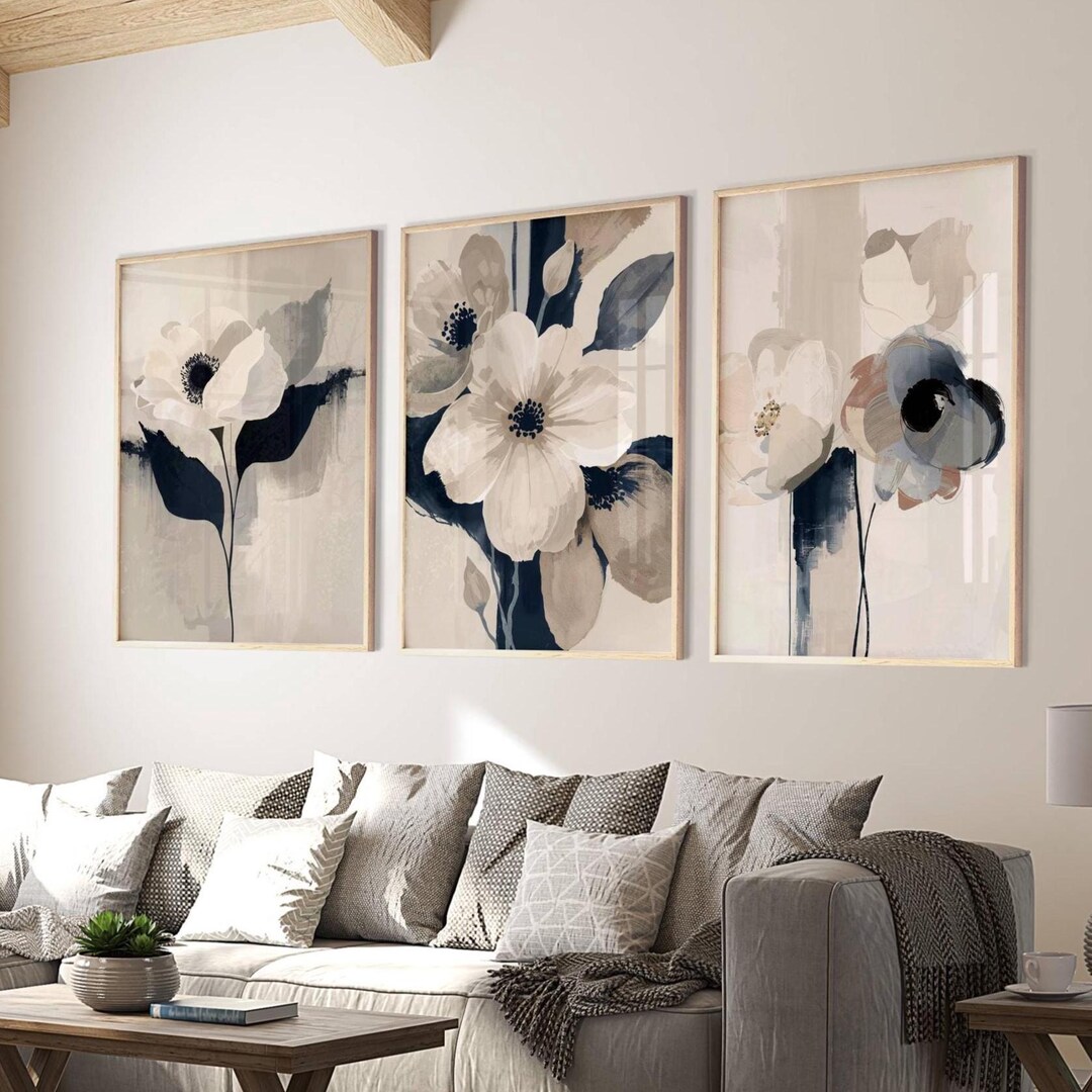 Abstract Plant Art Prints: Navy Blue & Taupe Brown, Set of 3 - Etsy
