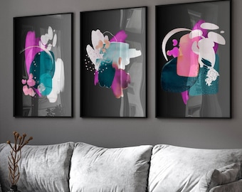 Abstract Wall Art Prints: Grey & Pink Modern Home Decor, Set of 3