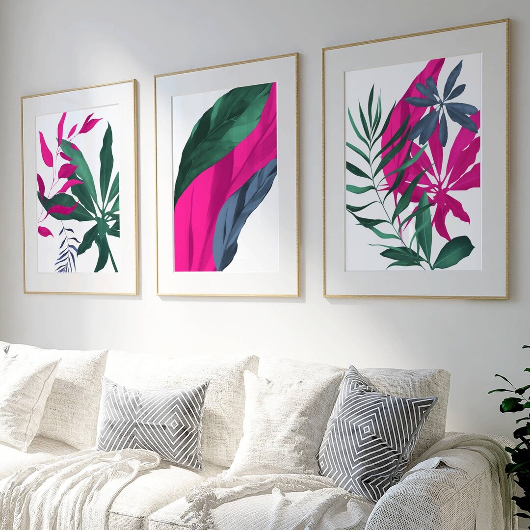 Pink and Green Wall Art, Plant Prints, Office Wall Art, Bedroom Decor