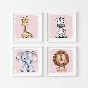 Stampe per bambini in stile safari, stampe da parete quadrate per bambini, stampe da parete rosa per bambini, decorazioni per la sala giochi, tema safari per bambini, decorazioni Boho per bambini, set da 4