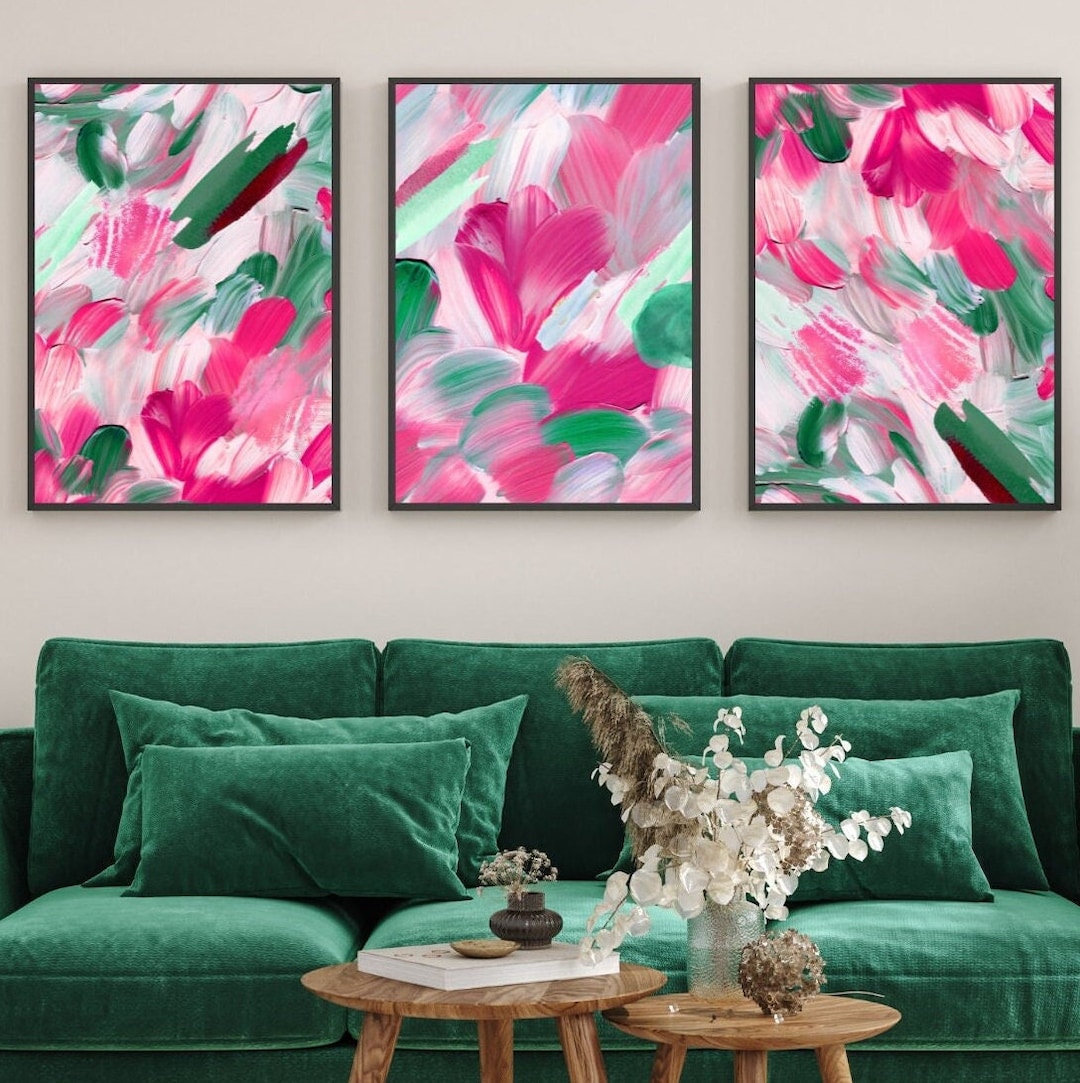 Pink Abstract Wall Art, Pink Home Decor, Set of 3 Prints, Pink Bedroom