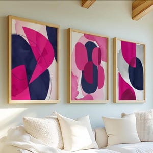 Arte murale astratta rosa e blu navy, arredamento moderno per la casa, set di 3 stampe, arte sopra il letto, stampe per corridoio, arredamento per ufficio, arte murale per soggiorno