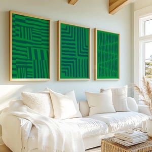 Groene muurkunst, groene abstracte muurkunst, modern groen huisdecor, kunst aan de muur woonkamer, groene slaapkamerinrichting, halafdrukken, set van 3