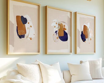 Navy & Terracotta Abstract Art Prints - Set of 3 - Living Room Decor