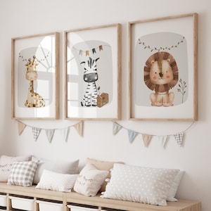 Arte murale per bambini in stile safari, stampe per bambini in stile boho, decorazioni per bambini in stile grigio, stampe per sala giochi, cameretta per bambini in stile safari, camera da letto per bambini, set da 3, tema giungla