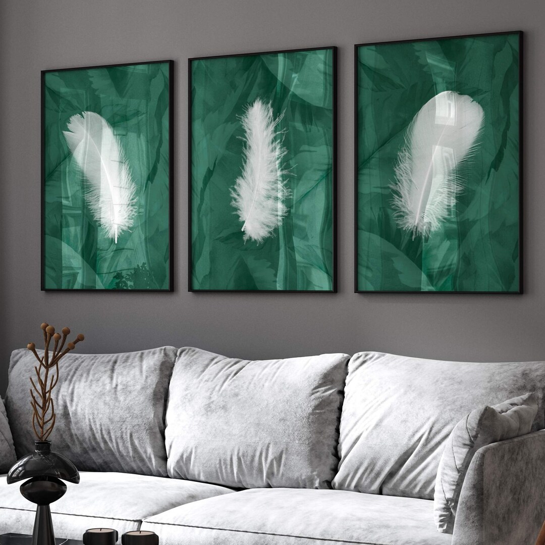 Green Wall Art, Green Feather Prints, Abstract Wall Art, Green Home