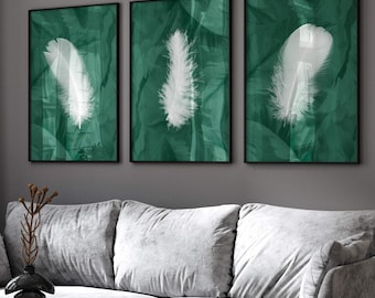 Green wall art, green feather prints, abstract wall art, green home decor, living room prints green bedroom decor, hallway prints,set of 3
