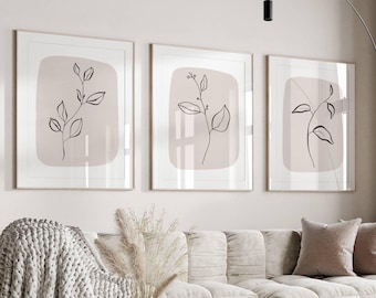 Láminas de arte botánico lineal: Decoración para el hogar en tonos neutros beige, juego de 3
