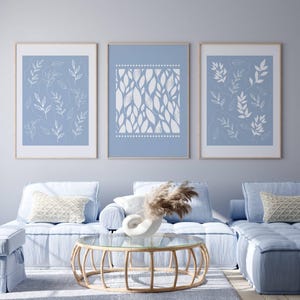 Stampe da parete blu, stampe astratte, stampe di grandi dimensioni, stampe da parete con foglie, stampe da parete per il soggiorno, decorazioni da camera da letto blu, set di 3 stampe, decorazioni per la casa blu