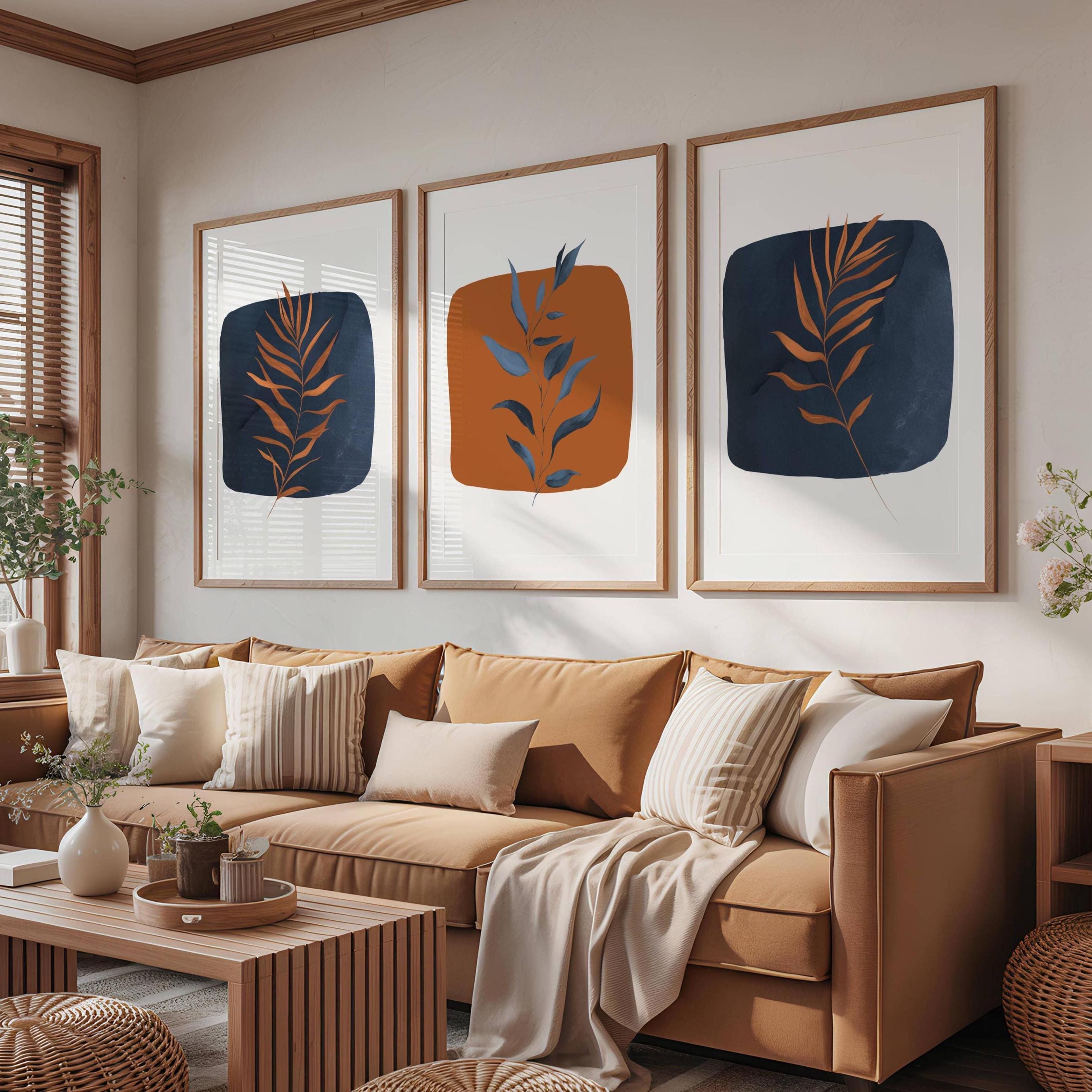 Burnt Orange & Navy Leaf Prints: Modern Home Decor, Set of 3 - Etsy