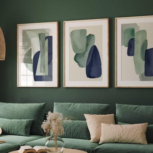 Abstract Wall Art Prints: Navy Blue and Green Modern Set of 3 - Etsy