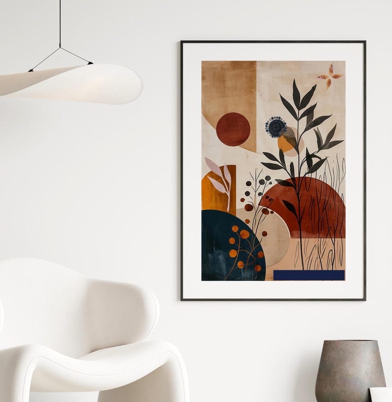 Boho Botanical Wall Art Prints: Abstract Navy Terracotta Set of 3 ...