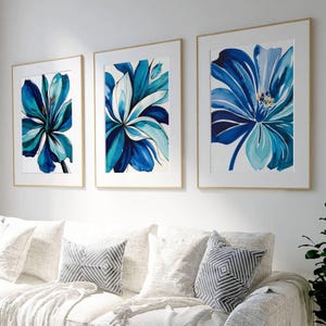 Stampe da parete blu, stampe floreali astratte, set di 3, arte moderna, decorazioni per il soggiorno, stampe per il corridoio, stampe sopra il letto, decorazioni per l'ufficio, stampe per la sala da pranzo