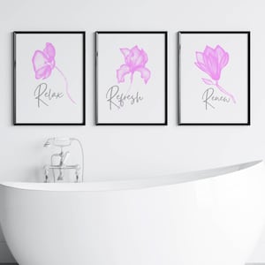 Impressões para banheiro, arte de parede rosa para banheiro, conjunto de 3 impressões para banheiro, arte para banheiro, impressões rosa para banheiro, fotos para banheiro, impressões de plantas