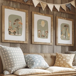 Arte murale per bambini verde salvia, set di 3 stampe safari quadrate, cameretta per bambini neutra, regalo per neonati, animali della giungla, cameretta per bambini piccoli, sala giochi