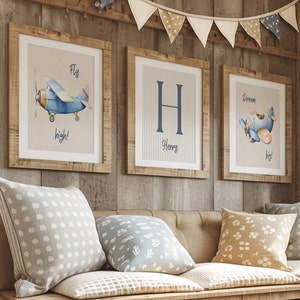 Decorazione murale vintage per cameretta dei bambini, stampa personalizzata con nome, set da 3, decorazioni neutre per cameretta dei bambini, stampe di aerei quadrati, regalo per neonato, camera da letto per ragazzi