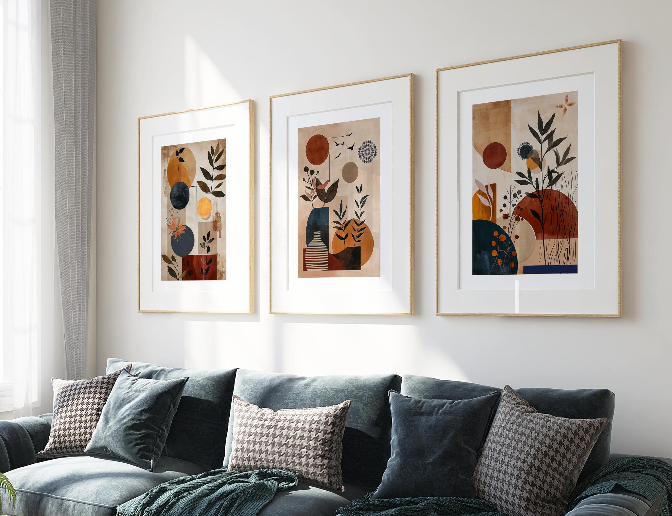 Boho Botanical Wall Art Prints: Abstract Navy Terracotta Set of 3 ...
