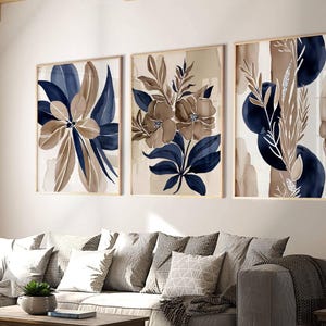 Abstract Plant Art Prints: Navy Blue & Taupe Brown, Set of 3 - Etsy UK