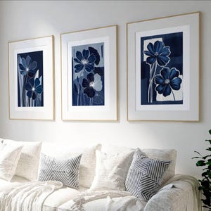 Set di 3 stampe murali astratte blu navy, stampe floreali, arte moderna, decorazioni per soggiorno, sala da pranzo, stampe per corridoio, stampe sopra il letto, stampe per ufficio