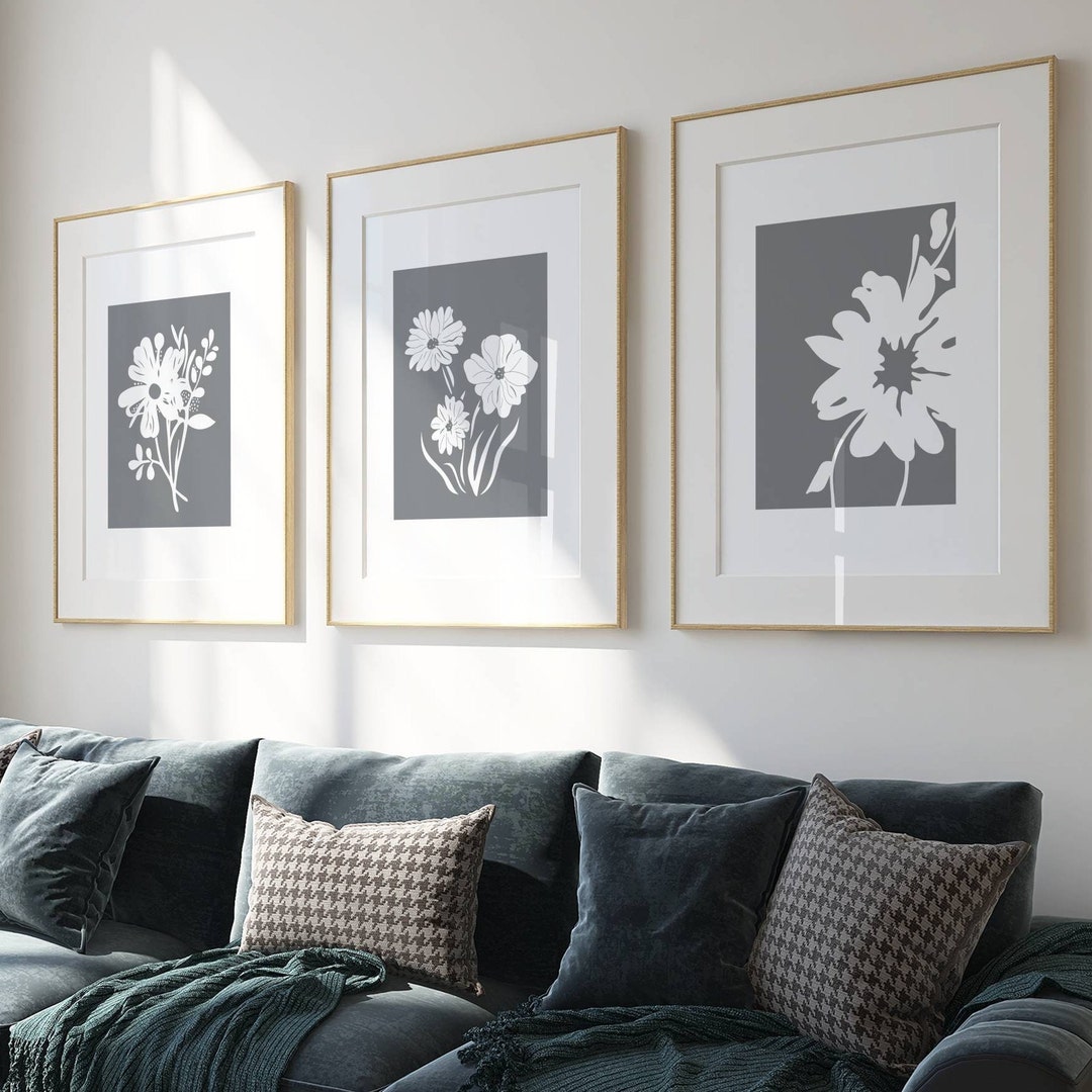 Grey Wall Art, Minimalist Wall Art, Botanical Prints, Set of 3, Grey ...