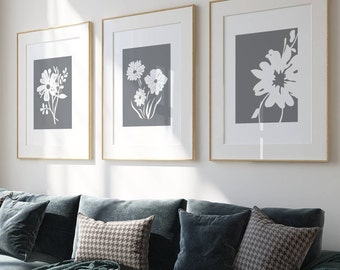 Grey Botanical Prints Set: Minimalist Home Decor, Set of 3