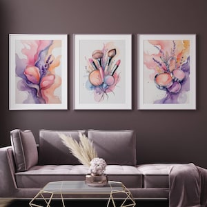 Stampe da parete per ragazze adolescenti, stampe astratte di trucco, stampe da parete lilla, regalo per lei, decorazioni per camera da letto rosa, regalo per ragazze adolescenti, stampe moderne sopra il letto