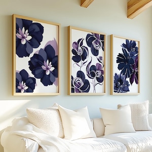 Arte murale blu navy, stampe floreali, arte murale astratta per il soggiorno, decorazioni per la casa blu navy e viola, arte sopra il letto, stampe floreali, set da 3 pezzi