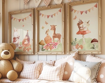 Baby Girls Nursery Prints: Pink Girls Room Decor, Woodland Teaparty,Set of 3