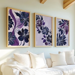 Arte murale blu navy, stampe floreali, arte murale astratta per soggiorno, arredamento per la casa blu navy e viola, arte sopra il letto, stampe per corridoio, set da 3 pezzi