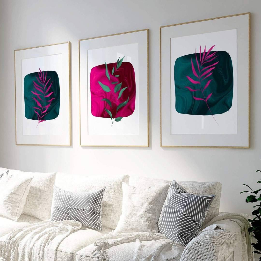 Pink & Teal Botanical Prints - Set of 3 - Stylish Home Decor - Etsy