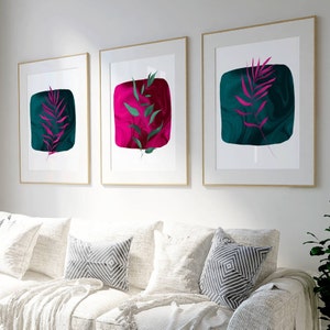 Pink and teal green plant wall art prints, 3 piece set, pink home decor, office wall art, bedroom decor, hallway prints, living room decor