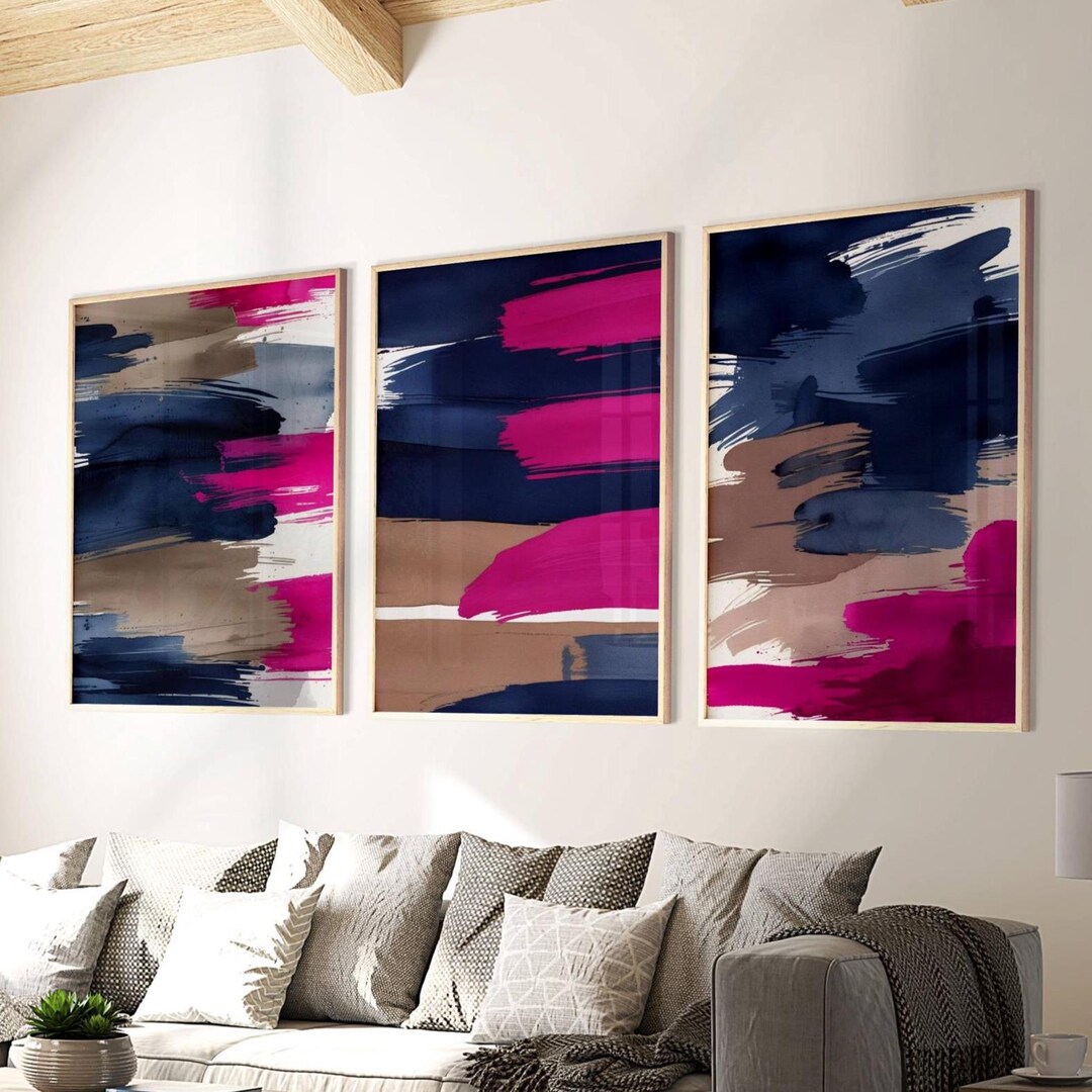 Navy and Magenta Pink Abstract Wall Art, Living Room Prints, Set of 3 ...