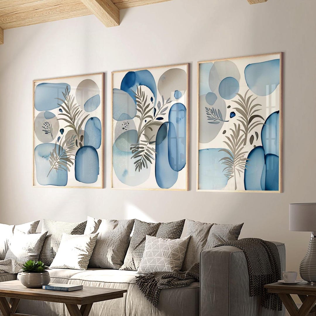 Blue Abstract Wall Art Prints - Set of 3 - Watercolor Style - Etsy