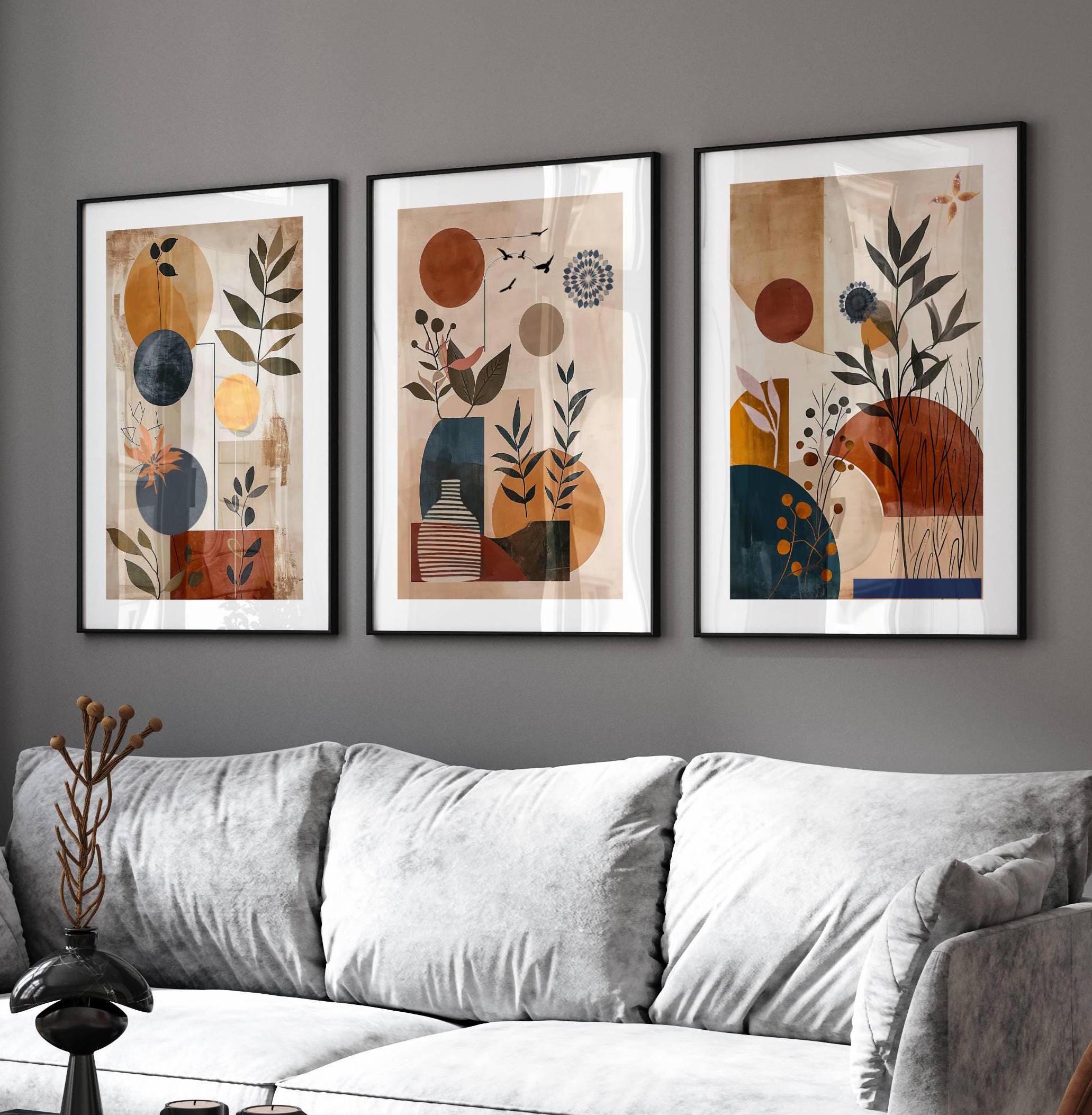 Boho Botanical Wall Art Prints: Abstract Navy Terracotta Set of 3 ...