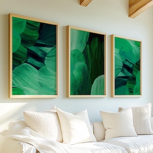 Groene muurkunst, groene prints, abstracte muurkunst, herfsthuisdecor, kunst aan de muur woonkamer, groene slaapkamerinrichting, halprints, set van 3