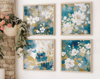 Teal and Gold Flower Prints - Set of 4 - Modern Abstract Wall Art