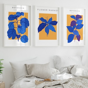 Arte murale blu e gialla, stampe del mercato dei fiori, arte murale in 3 pezzi, decorazioni per il soggiorno, arte sopra il letto, decorazioni per la casa, arte murale per la mamma