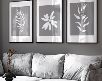 Grey Botanical Leaf Prints - Minimalist Living Room Wall Art (Set of 3)