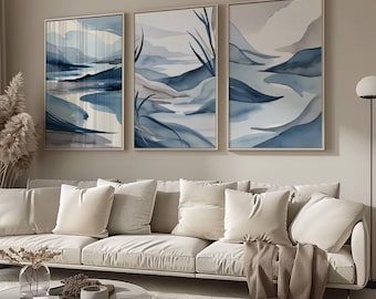 Blue Abstract Landscape Wall Art Prints: Living room, bedroom decor, Set of 3