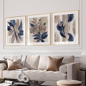 Arte murale astratta con piante blu navy e marrone talpa, arredamento di tendenza per la casa, arte moderna, arredamento neutro per il soggiorno, arte sopra il letto, set di 3