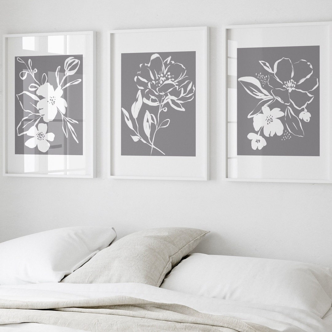 Grey Wall Art, Minimalist Wall Art, Botanical Prints, Set of 3, Grey