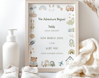 Personalized Birth Details Print, Nursery Wall Art, Baby Boy Keepsake