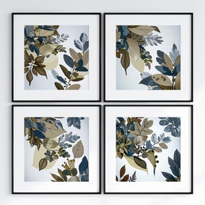 Stampe da parete verde salvia e blu navy, stampe quadrate, set da 4, stampe astratte di piante e fogliame, decorazioni per il soggiorno, stampe sopra il letto, stampe moderne