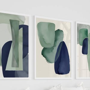 Abstract Wall Art Prints: Navy Blue and Green Modern Set of 3 - Etsy