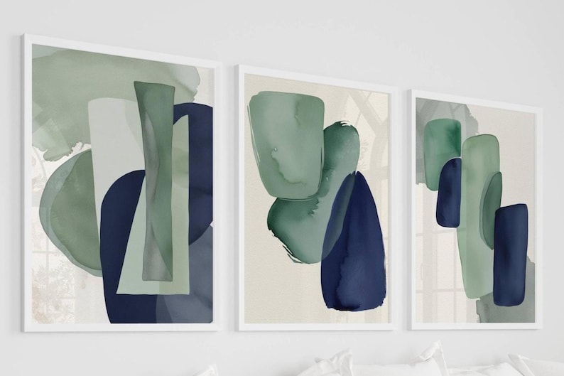 Abstract Wall Art Prints: Navy Blue and Green Modern Set of 3 - Etsy